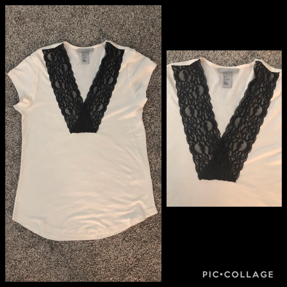 🍾H&M cream and black top with lace detail